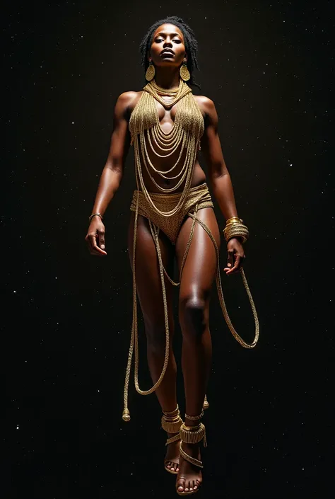 black person with golden chains floating outerspace looking awesome