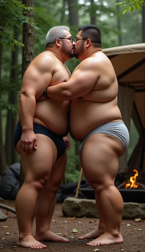 fat gay couple、An elderly man and a young man、Thick、Fat、fat、 fat man、overweight， Japanese、 Asian、 white socks、 jockstrap、Glasses、Nipples、sweat、sweatまみれ、 campsite、 sneakers、Kiss