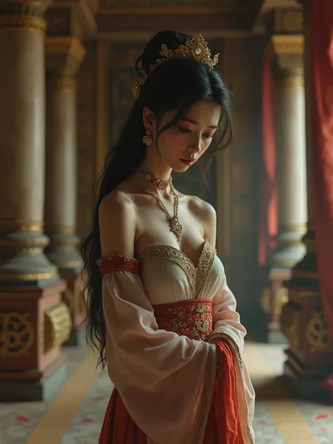 Beautiful antique-looking princess, standing in an antique palace with her head bowed to her chest, something is wrong, her face is angry and furious, she is dressed in oriental style in a linen dress decorated with jewelry, high details of the shape, cine...