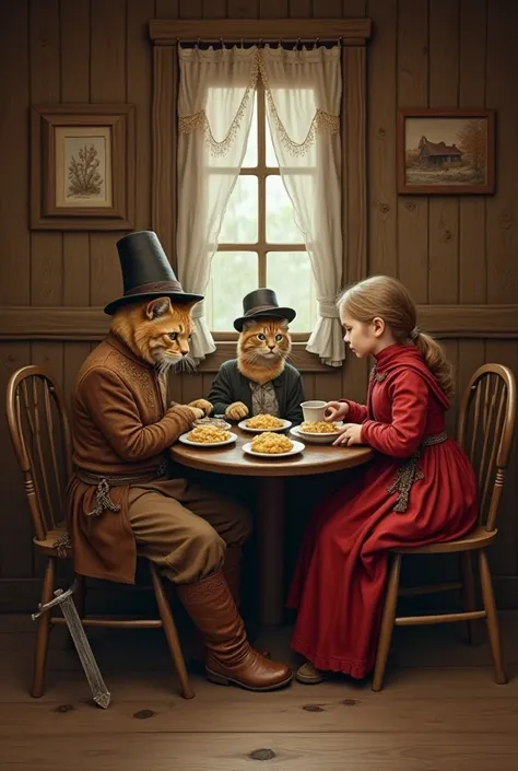 In a wooden house, a girl in a red Russian dress and a red shawl is sitting at a table , three cats in boots and hats are sitting on chairs. Cats have a sword hanging on their belts. There are three plates of porridge on the table  