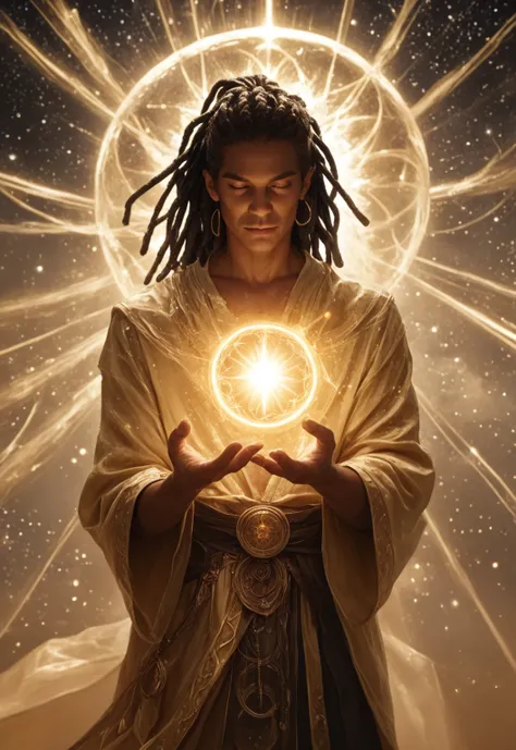 A powerful, transparent spiritual  master craftsman god with dreadlocks shaping the very fabric of reality, with galaxies, stars, and  thread fabric, worlds unfolding from their divine forge like a masterpiece of cosmic artistry, show that he is making gal...