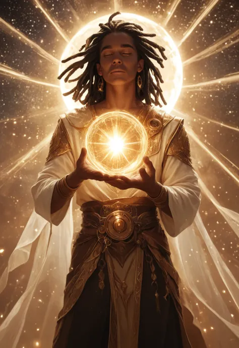 A powerful, transparent spiritual  master craftsman god with dreadlocks shaping the very fabric of reality, with galaxies, stars, and  thread fabric, worlds unfolding from their divine forge like a masterpiece of cosmic artistry, show that he is making gal...