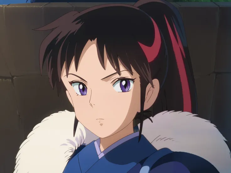 masterpiece, best quality, , anime screencap, , , looking at viewer, setsuna, 1girl, black hair, multicolored hair, ponytail, purple eyes, armor, boots, ghibli_style