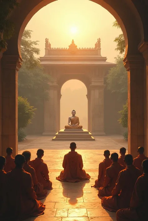 Buddha is pictured presiding over a demonstration to the clergy in the wide courtyard of the Vela Nuwara Ram in the evening in the soft sunlight.