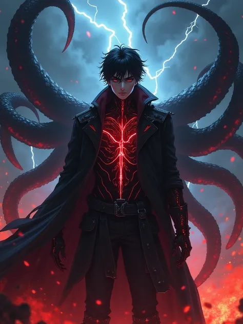 Gothic-style anime handsome guy，Super power warrior，Burning hell，A sky full of lightning，Handsome and strong， Black Chitin Carapace， red glowing blood vessel lines， upper body close-up，There is a flame under your feet，Thorns grow on the ground， stands on t...