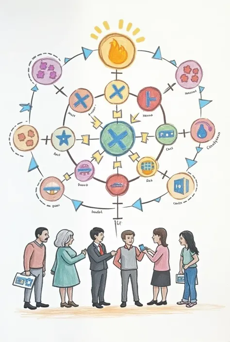 Create one drawing that represents both the context (where socialization happens) and the process (how socialization occurs). Also, include symbols or elements that show interactions between individuals or groups.