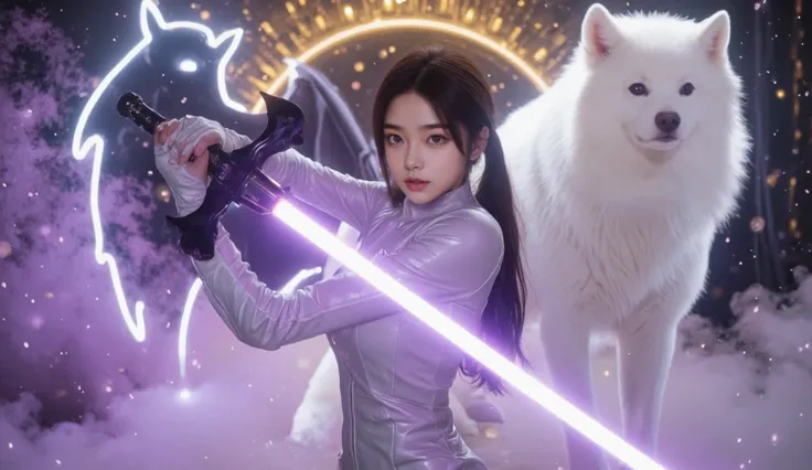 girl of 19 years of age ((Vivid face detailing))wearing a sleeveless white power rangers ((shiny suit)) posing in a attacking mood holding a black bat themed large blade sword ((the sword is radiating purplish aura)) holding it, raising her arms up,a beaut...