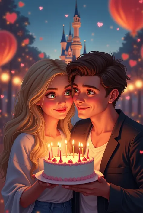 A blonde young woman holding a birthday cake with candles and her partner with Paris and Disneyland in the background