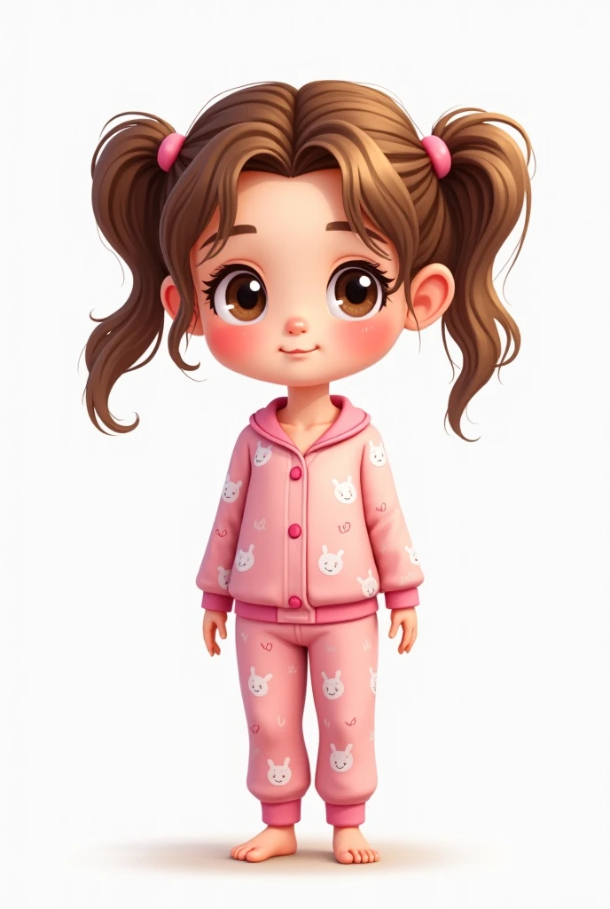 A 7- to  girl with brown hair styled in two playful pigtails. She is wearing soft pink pajamas decorated with small bunny patterns. Her eyes are bright and curious, her cheeks rosy, and she has a gentle, innocent expression. She stands against a plain whit...