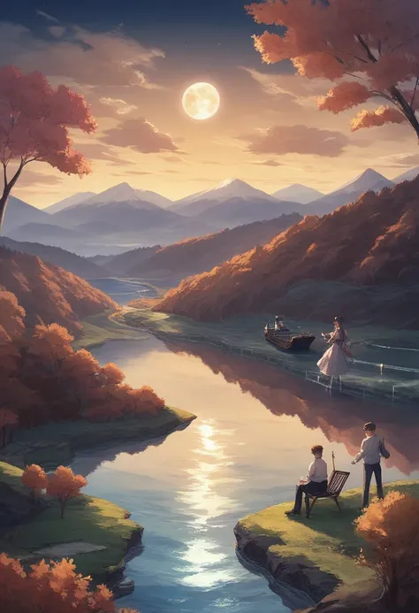 River painting with boats and full moon ,  Landscape,  Landscape 詳細, 夢のような Landscape, Detailed dreamscape,  El Bosco and Dan Mumford ,  Autumn Night ,   Dan Mumford and Thomas Kinkade,  Dreamy Scene Paintings , 夢のようなファンタジーの Landscape,  painting by Dan Mumf...