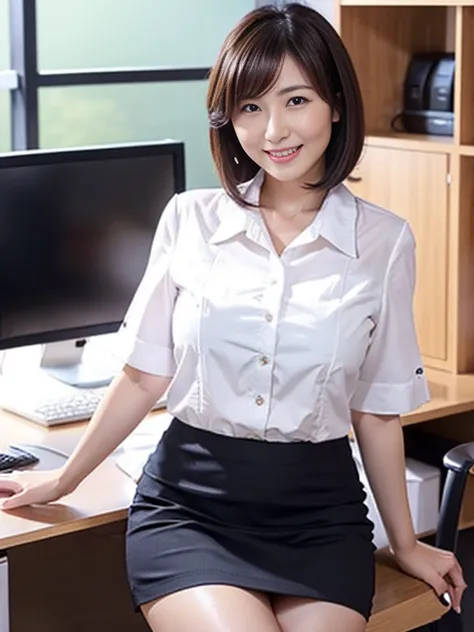 40 year old Japanese woman with big breasts and short black hair、 wears a white shirt and short skirt at the office、,  open legs,  touching my thighs , And a smile。Touching my chest too 。