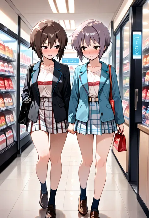 (masterpiece, best quality,two beautiful girls:1.2),date at the adult goods store,walking hand in hand,Enjoy shopping,embarrassed expression,civilian clothes,Nagato Yuki,Nishizumi Maho