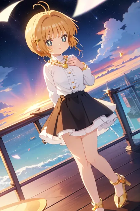 A beautiful girl in a dress and shoes walking on a balcony, anime girl, 1girl, (20 years old girl), (aged up), Kinomoto Sakura, a light skinned girl, long hair, shiny hair, hair bow, bead necklace, dilated pupils, earrings, blush, light smile, bright pupil...