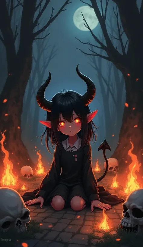  real scene ，Halloween night scene illustration ，A little devil sits on the ground surrounded by flames and skulls，Dark loli，Dark Style