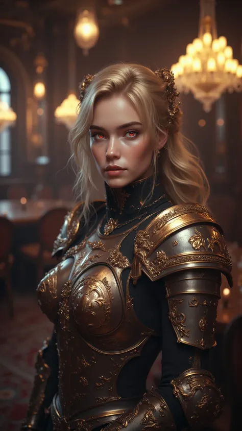  Japanese Beautiful Girl、Light Armor 、A fusion of medieval European style and fantasy style、 blonde、 red eyes、The scene at an upscale bar