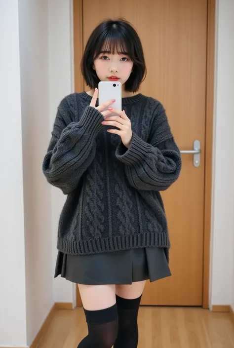 masterpiece, best quality, Cinematic photo, a 18-year-old Japanese woman (short black straight hair, bangs reaching to eyebrows, boyish, with ears sticking out, Brown eyes), Complete Anatomy, Complete Hands, wearing an oversized dark gray cable knit sweate...