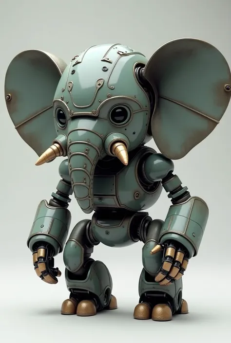  Super Real、 chibi, an elephant-shaped robot 、1 robot 、 are attached to the ground with 4 legs drawn in the entirety of the robot、Big Ears、2 large fangs 、The color is gunmetallic。No background。