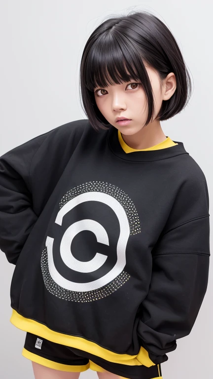   high resolution,   boyish,    in the seat,  black hair, Sporty shortcuts,   Asymmetric Hairstyle ,  Asymmetrical bangs,   yellow eyes, Round and round eyes, Eyes with three circles,  Skater Style Street Fashion, slightly oversized bottoms,  are standing,...