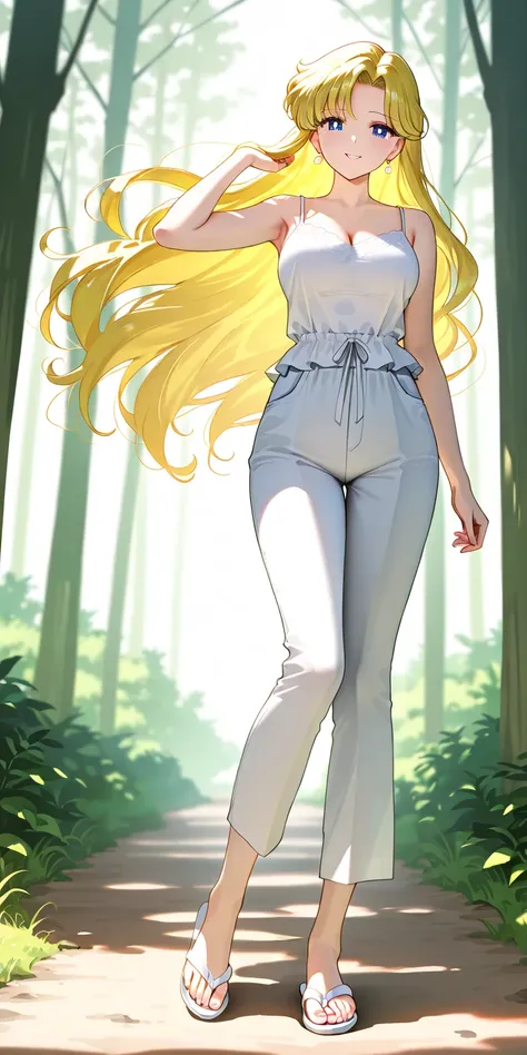 Masterpiece, elegant mature woman, solo, standing, usagi tsukino, smiling, long hair, yellow hair color, tall body, white camisole, white short pants, full body,white  strappy flip flops, dynamic lighting, ultra detailed, highres, absurdres, forest (in the...