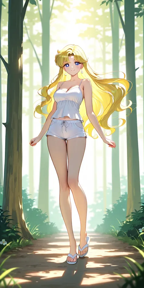 Masterpiece, elegant mature woman, solo, standing, usagi tsukino, smiling, long hair, yellow hair color, tall body, white camisole, white short pants, full body,white  strappy flip flops, dynamic lighting, ultra detailed, highres, absurdres, forest (in the...