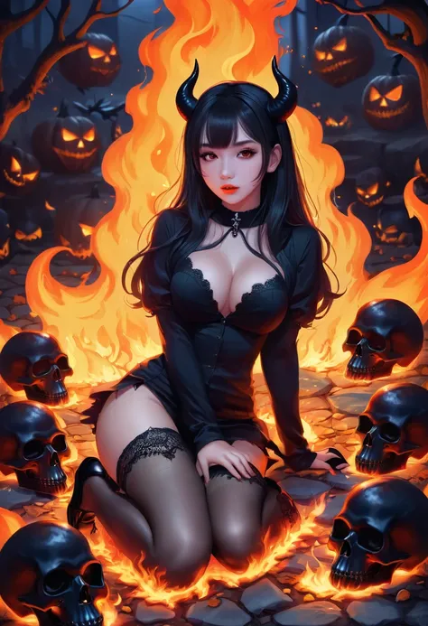  real scene ，Halloween night scene illustration ，A sexy little devil sits on the ground surrounded by flames and skulls，Dark loli，Dark Style