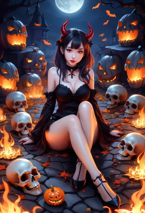  real scene ，Halloween night scene illustration ，A sexy little devil sits on the ground surrounded by flames and skulls，Dark loli，Dark Style