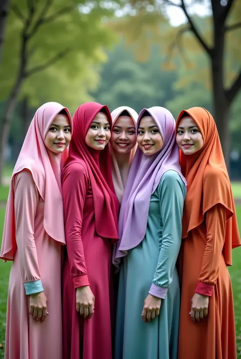 arafed women wearing hijabs pose for a picture in a park, a colorized photo inspired by Nazmi Ziya Güran, shutterstock, hurufiyya, hijab, different colors, multiple colors, colourful, diverse colors, various colors, with beautiful colors, vibrant hues, mus...