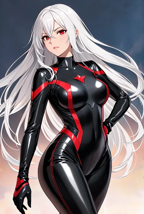 Woman with long white hair and red eyes with medium breasts and a large butt wearing a tight black leather full suit 