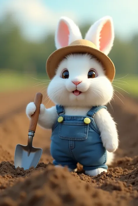 Scene 1: A white rabbit wearing a blue farmer outfit and a farmer's hat is using a small hand shovel to clear an empty farmland. The camera angle is from the front, showing the rabbit and the freshly cleared farmland behind it. The rabbit’s fur is soft and...