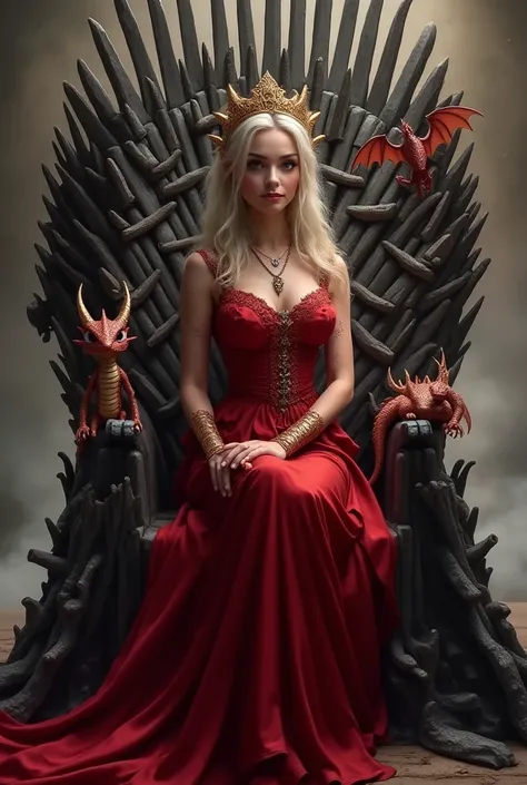 The house dragon:  Raenyra Bellissima sitting on the iron throne ,   she wears a crown and a beautiful red dress and a necklace in the shape of a dragon.  She has a dragon-shaped ring on her finger .  Behind the iron throne that is made with swords , There...