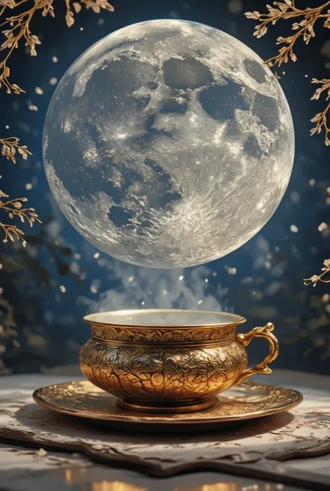 a huge full moon reflected on the surface of the tea, a huge copper teacup, fantasy illustration art, ultra detailed, absolutely resolution, masterpiece