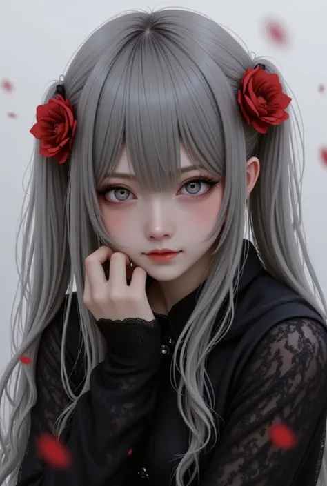  1 girl,Alone, 1 girl,Alone,(( beautiful detailed eyes)), ( Details light ), depth of field,(Gray Hair), silver eyes, is hiding one eye with hair,(Red Flower ),  hair flower, long hair, black cloaks, wet, emotionless , look back,  night ,Starfall, It's rai...