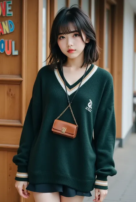 masterpiece, best quality, Cinematic photo, a 18-year-old Japanese woman (short black straight hair, bangs reaching to eyebrows, boyish, with ears sticking out, Brown eyes), Complete Anatomy, Complete Hands, wearing an oversized dark green sweater with whi...