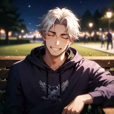 (Masterpiece), best quality, highest quality, highly detailed CG unity 8k wallpaper, original, high resolution, (depth of field: 1.5), fidelity: 1.3, solo focus, 1guy, male, (shoulder length hair: 1.3), white hair, eyes closed, purple hoodie, grin, sat on ...