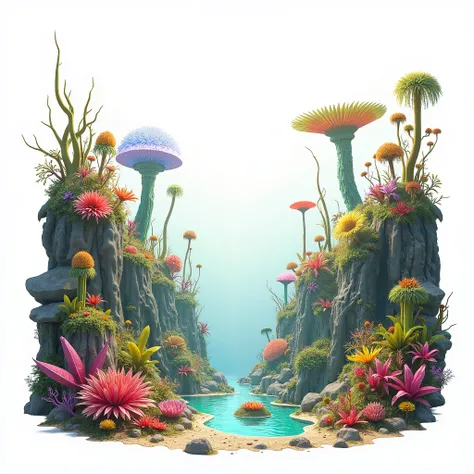 underwater land with no water from other planets, with plants from another planet, simple white background 