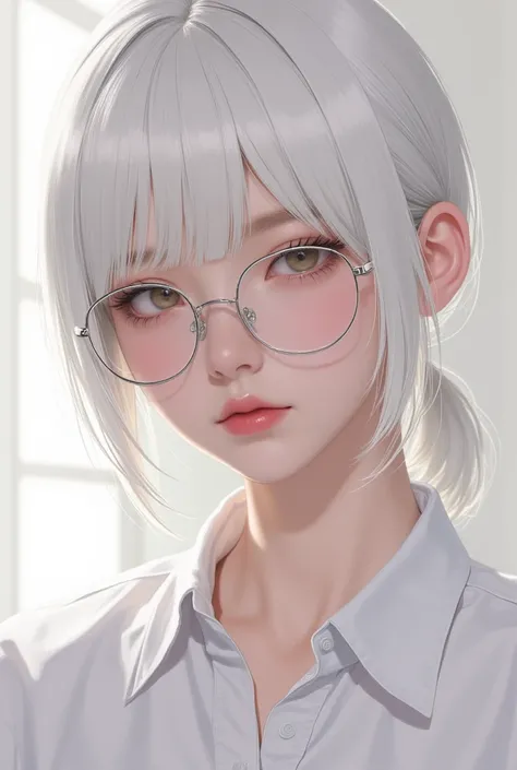 1girl, solo, portrait, platinum blonde hair, white hair, tied hair, tied up hair, hair bun, glasses, tsurime, narrowed eyes, looking at viewer, shiny eyes, nose blush, doll face, semi-realistic, Lip gloss, glossy face, shiny skin , best quality , highres, ...