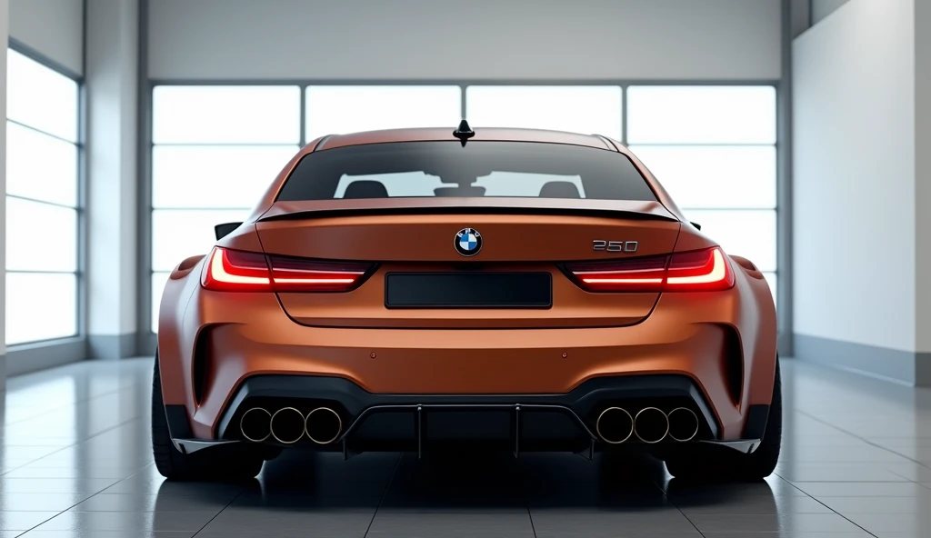 Create a ultra-detailed 3d rendering of a Modern Rust BMW 9 series with rear-facing bold design. The car should feature a sleek,'gleamy glossy painted Rust' colour a black grille featuring the 'BMW' logo prominently back. Include dual Modern taillights on ...