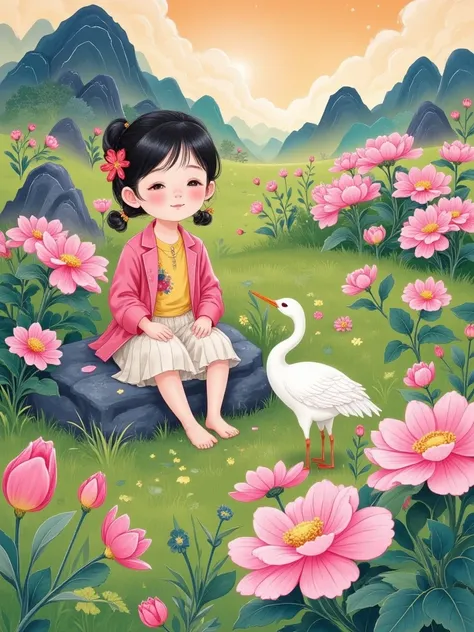 Cartoon illustration， fresh green，鲜艳的Flowers，Natural light， girl's relaxed expression，Surrounding natural scenery ，garden，grassland，Flowers，Relax，Pleasure