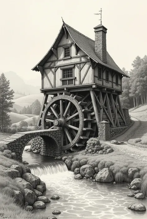 A drawing of a watter mill