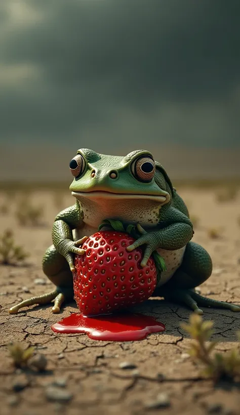 "A realistic image of a large frog eating a strawberry that is squashed and leaking juice onto the dry, cracked earth. The frog, with detailed textures on its skin, is hunched over the fruit in a barren, empty field. The setting is a desolate, arid landsca...