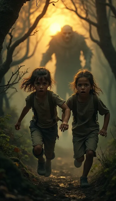 Full close up,  boy and girl, running in scary forest, monster, at sunset