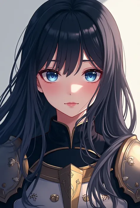 Anime girl with a smooth and long black hair that rwached her waist, and her eyes are beautiful blue. She looked mature and she donned a knight attire.