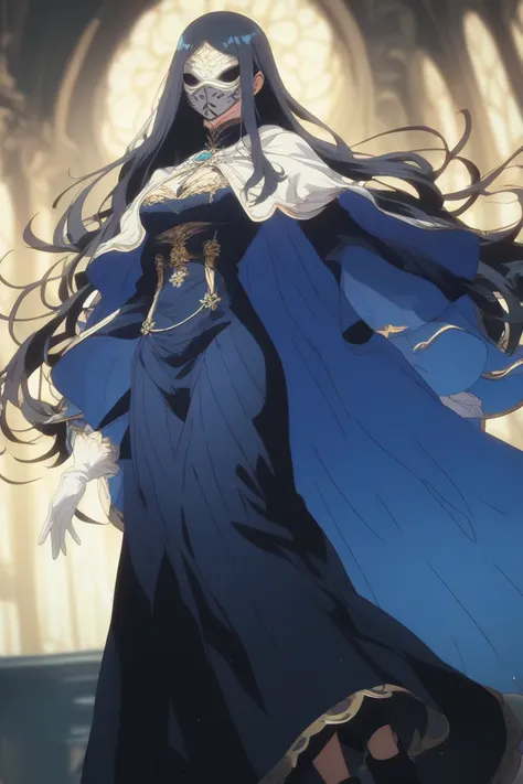 anipai_style, anime screencap, anime coloring

(Solo), 1girl, faceless, mask covered face, white mask with black eyes and blue highlight, black hair, long hair, black and teal long cape, white gloves, dark blue dress, long skirt, black heel boots
