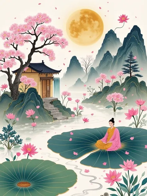 Fluid ink，, and a microscopic world floats on a huge lotus leaf，There are plum blossoms inside 、pine，Cozy cottage，Mountain creek ， glowing waterfall ，A monk meditates，cure，Zen，Buddhist，Aesthetic，Simplicity， with clean white background ，Flowing silk