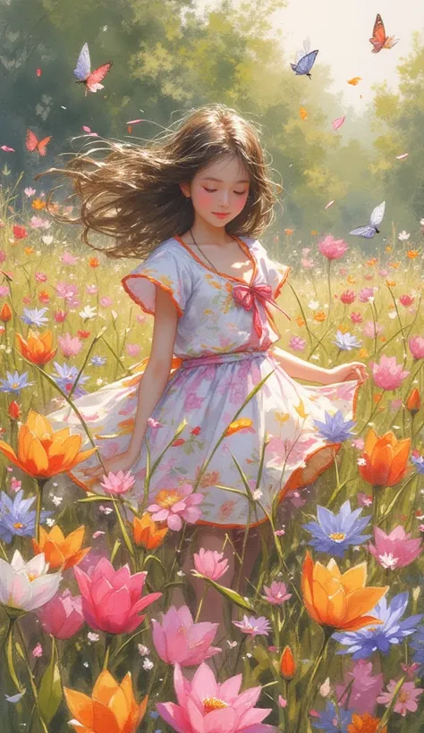 Create watercolor splash art style. A cute fair girl. Flying low in the flower field. Beautiful flower field with various attractive colors. Calm and comfortable facial reactions. Green trees, mysterious forest with special flower fields. Wind blowing, flo...