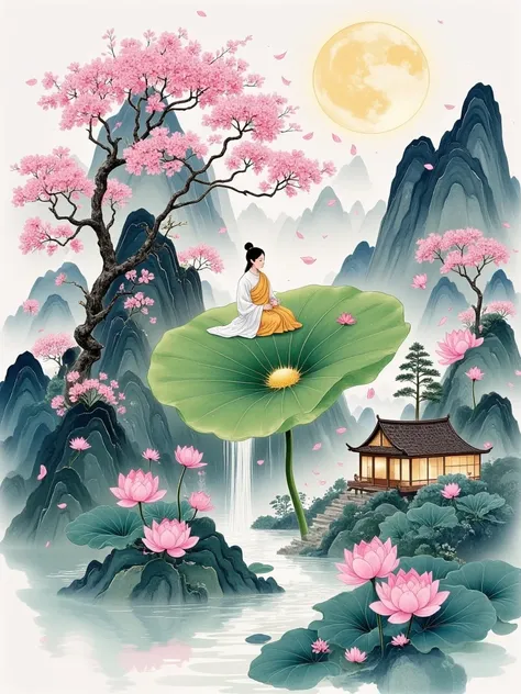 Fluid ink，, and a microscopic world floats on a huge lotus leaf，There are plum blossoms inside 、pine，Cozy cottage，Mountain creek ， glowing waterfall ，A monk meditates，cure，Zen，Buddhist，Aesthetic，Simplicity， with clean white background ，Flowing silk