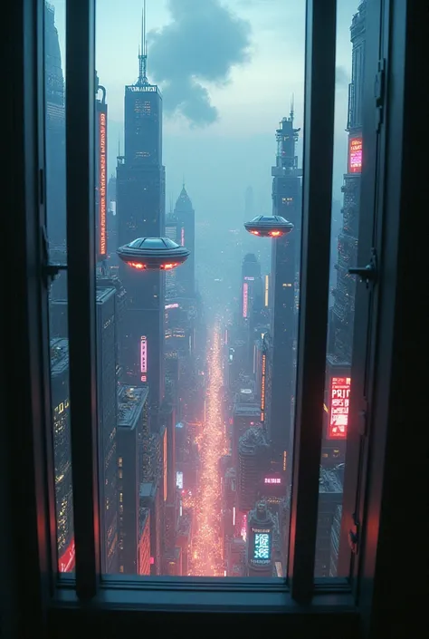 Cyberpunk city seen from a window