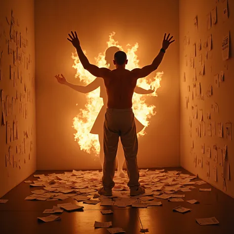 iphone 16 real photo of a man in a victory pose, surrounded by torn therapy papers. Behind him, a female silhouette made of flames dances (“women-killer effect”). A countdown projects shadows on the wall: “00:12:44.”