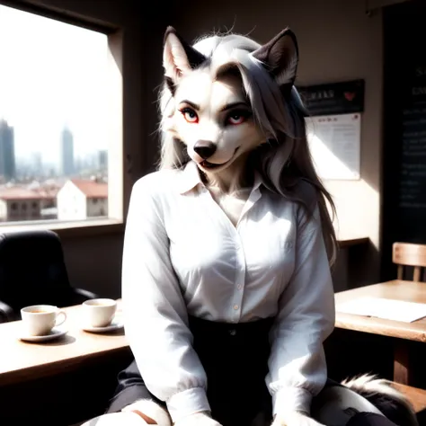 masterpiece, best quality, amazing quality, very aesthetic, high resolution, ultra-detailed, absurdres, newest, scenery, depth of field, volumetric lighting, Loona, solo, 1girl, tail, cute girl, anthro_furry, office clothes ,sitting in a cafe, summer terra...