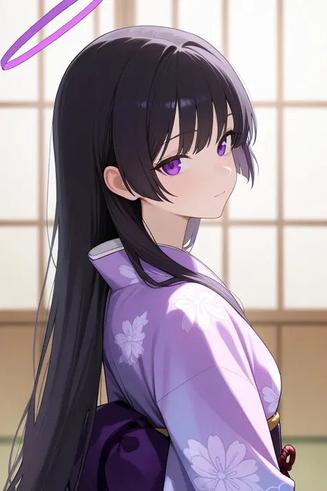 1 girl, Hair length reaches the back, Black hair and purple on the edges of the hair, purple eyes, but not bright, wear a sexy kimono outfit, หน้าอกไซส์ปานกลาง, have a purple halo